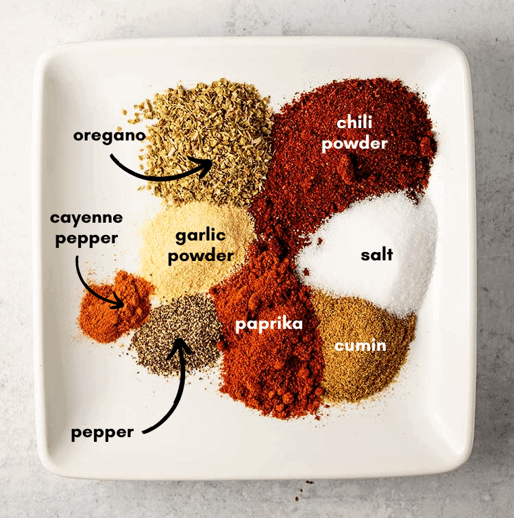 homemade chili seasoning ingredients on a white plate