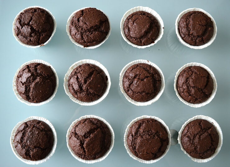 overhead view of chocolate sugar free desserts in muffin tin
