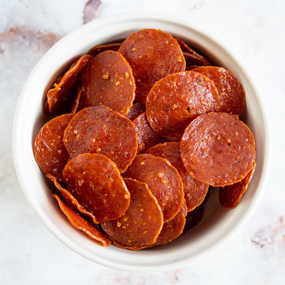 overhead view of pepperoni chips close up