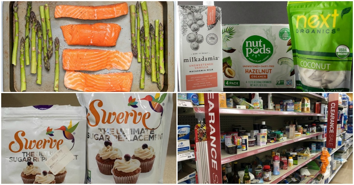 keto on a budget collage of keto budget items including a clearance aisle and discount swerve
