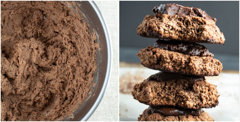 keto cream cheese cookies side to side with batter on left