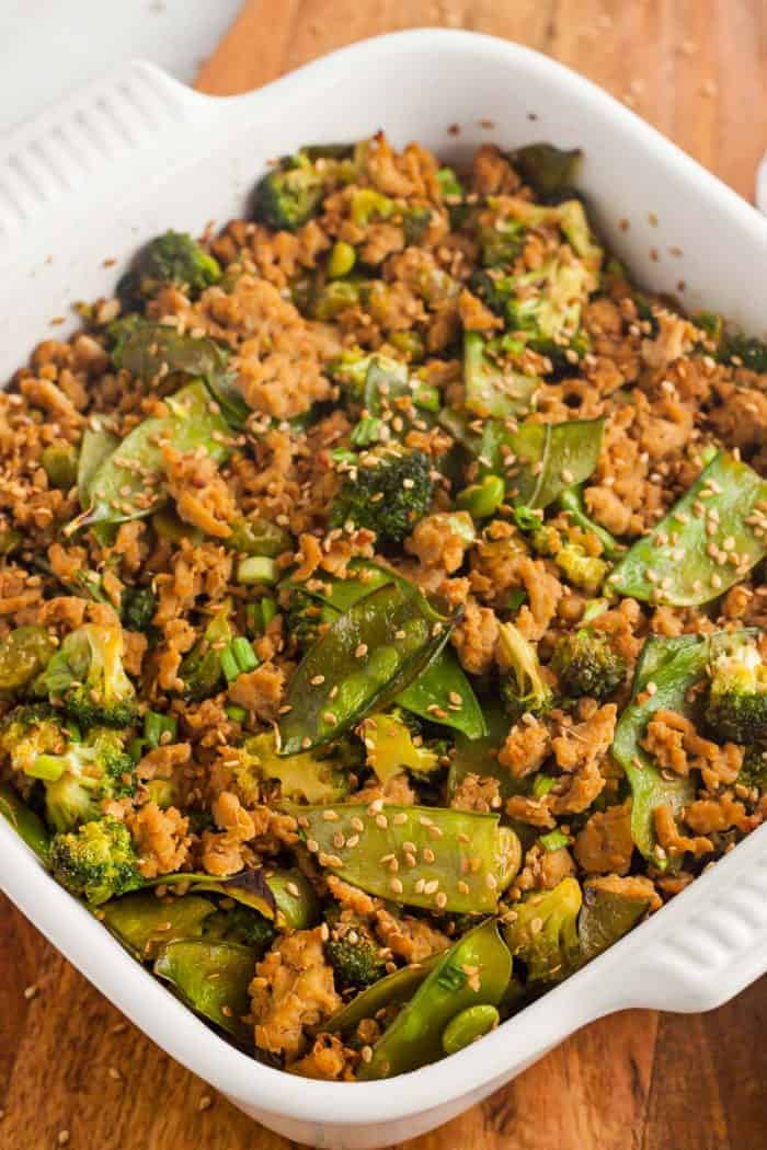 overhead view of keto teriyaki chicken casserole in a white casserole dish