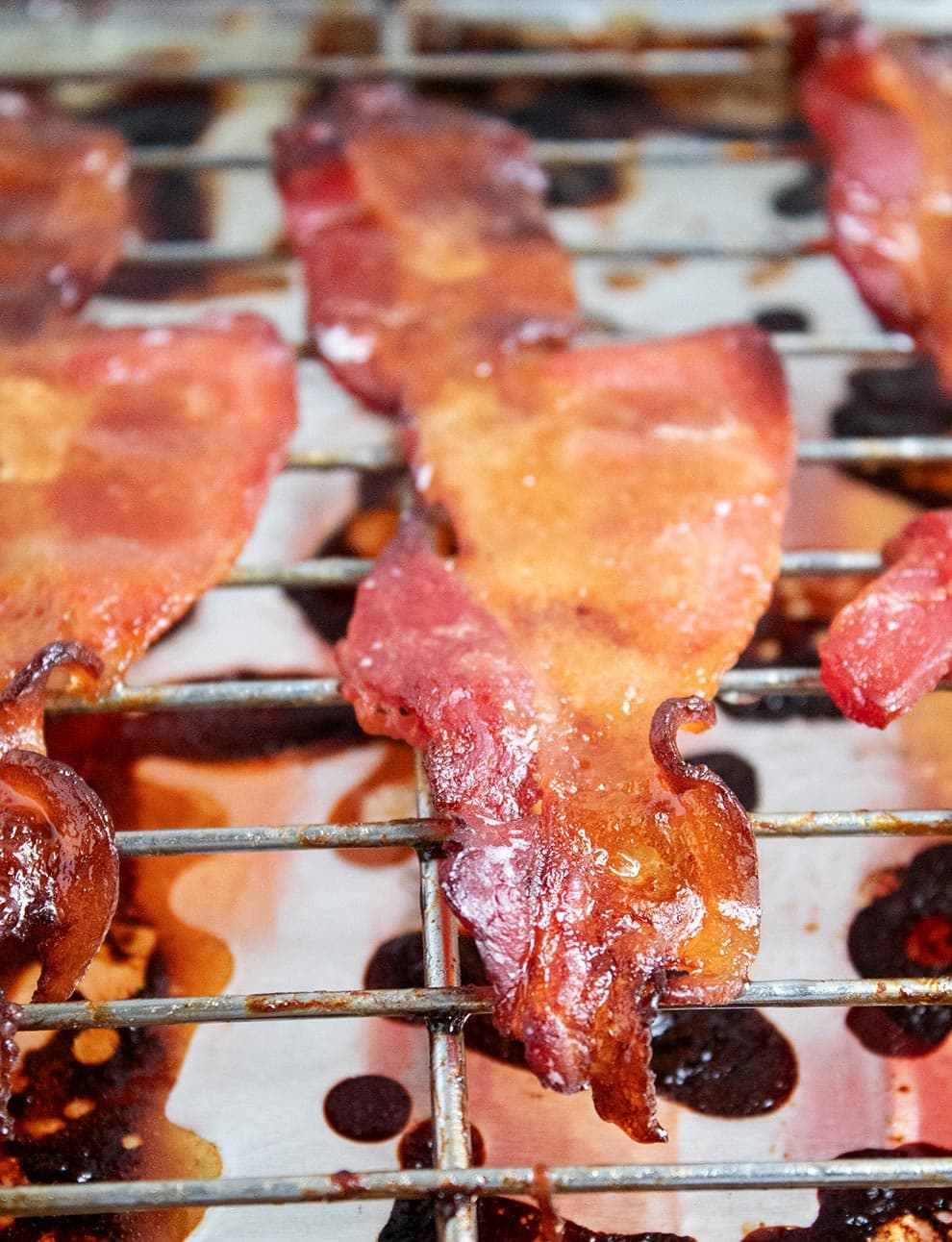 keto candied bacon up close on a rack fully cooked