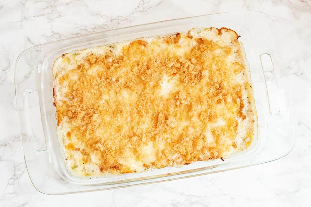 keto alfredo chicken bake cooling off on countertop