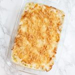 overhead view of diagonal keto alfredo casserole fully cooked and bubbly