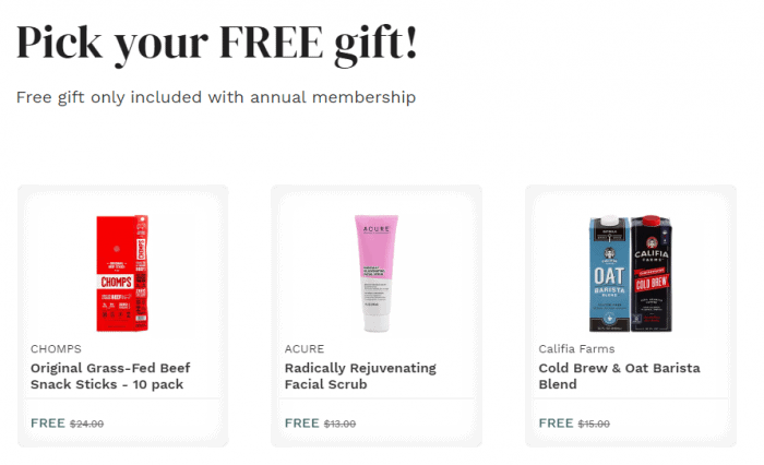 thrive market image showing free gift options including a keto option