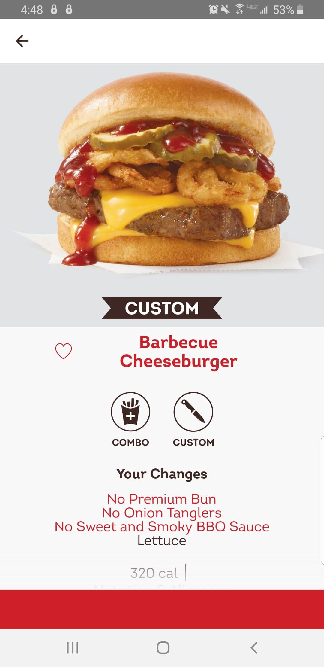 screenshot of keto wendy'ss app with a burger customized on screen