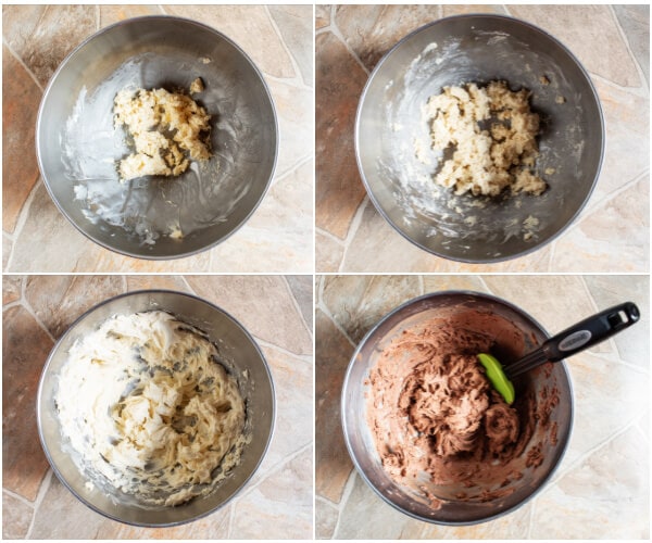 overhead view of step by step keto chocolate frosting steps in large metal bowls