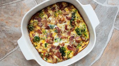 rotated white casserole dish containing cooked keto breakfast casserole