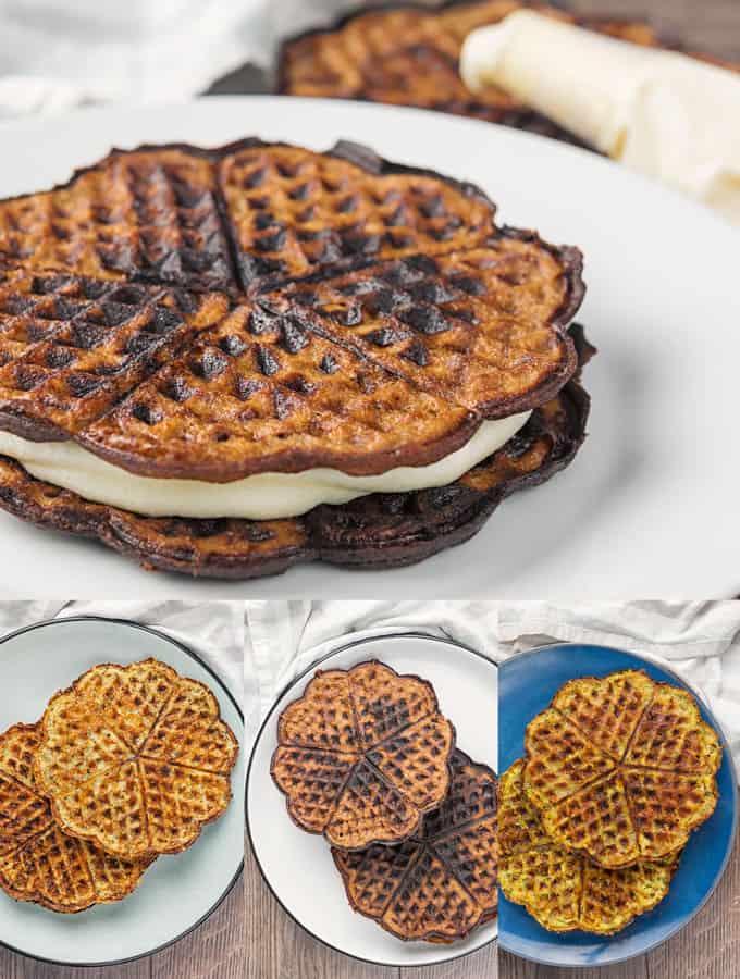 collage of keto chaffles on white plates in a variety of different flavors