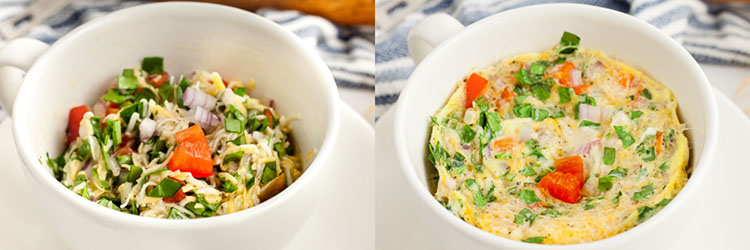 before and after microwaving a keto omelet in a mug