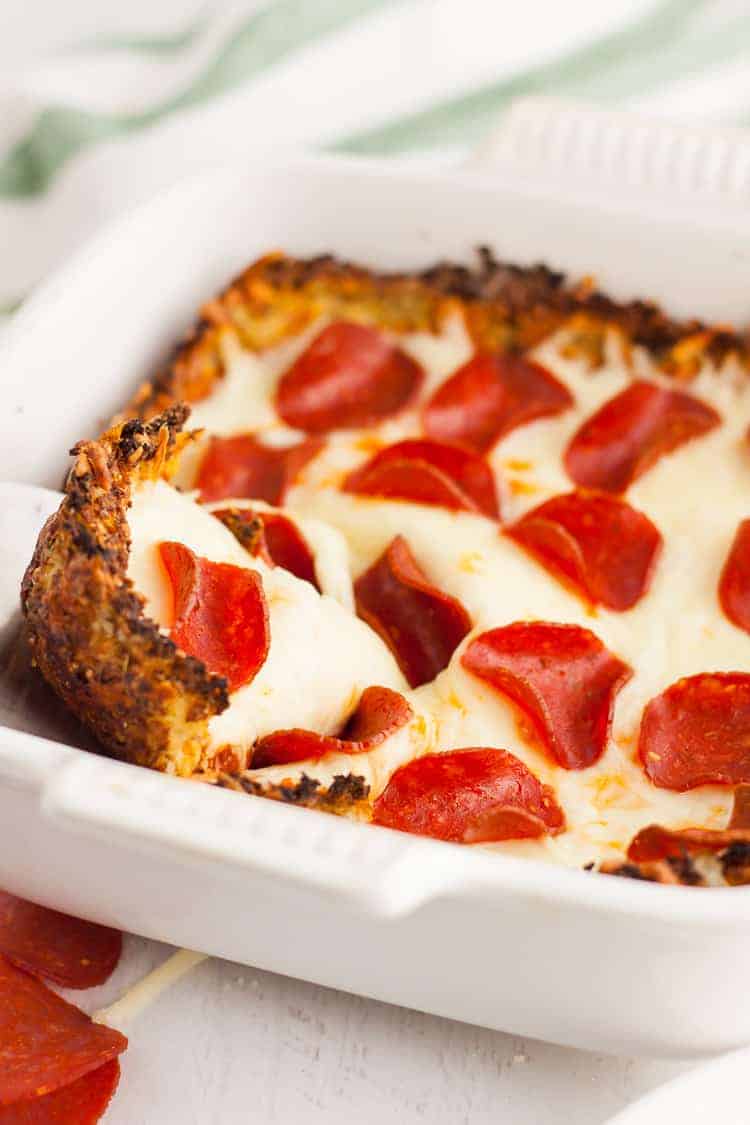 keto pizza casserole in serving dish