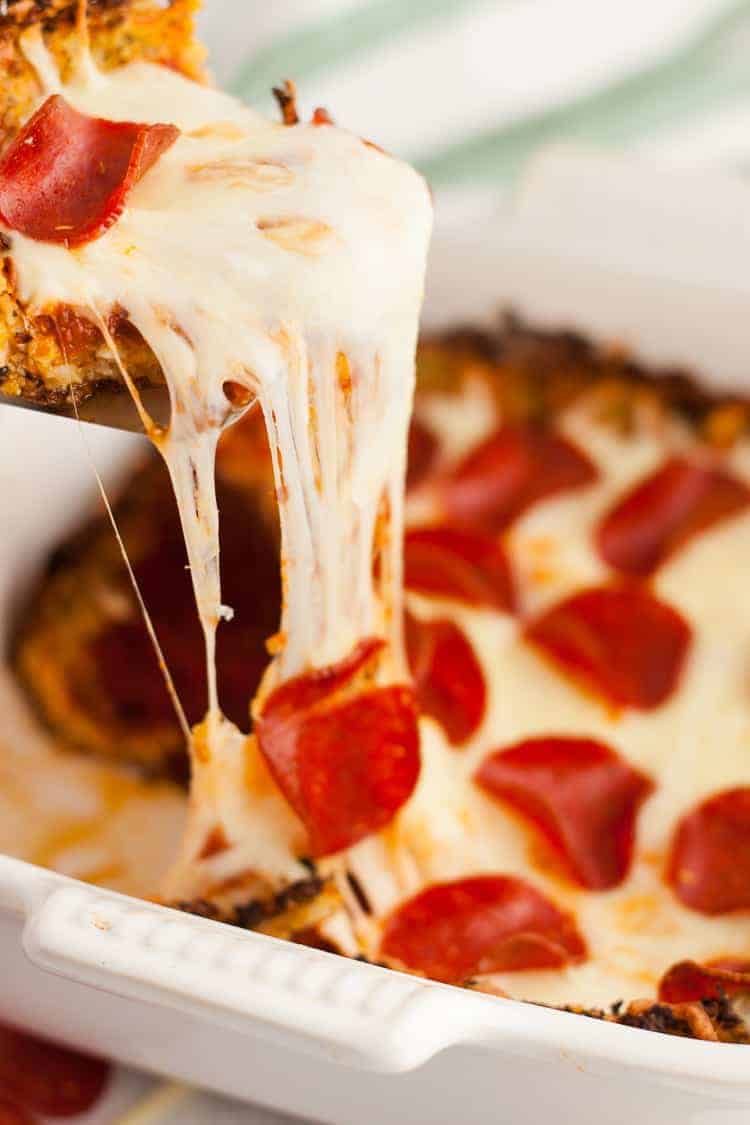 keto pizza casserole with cheese and pepperoni