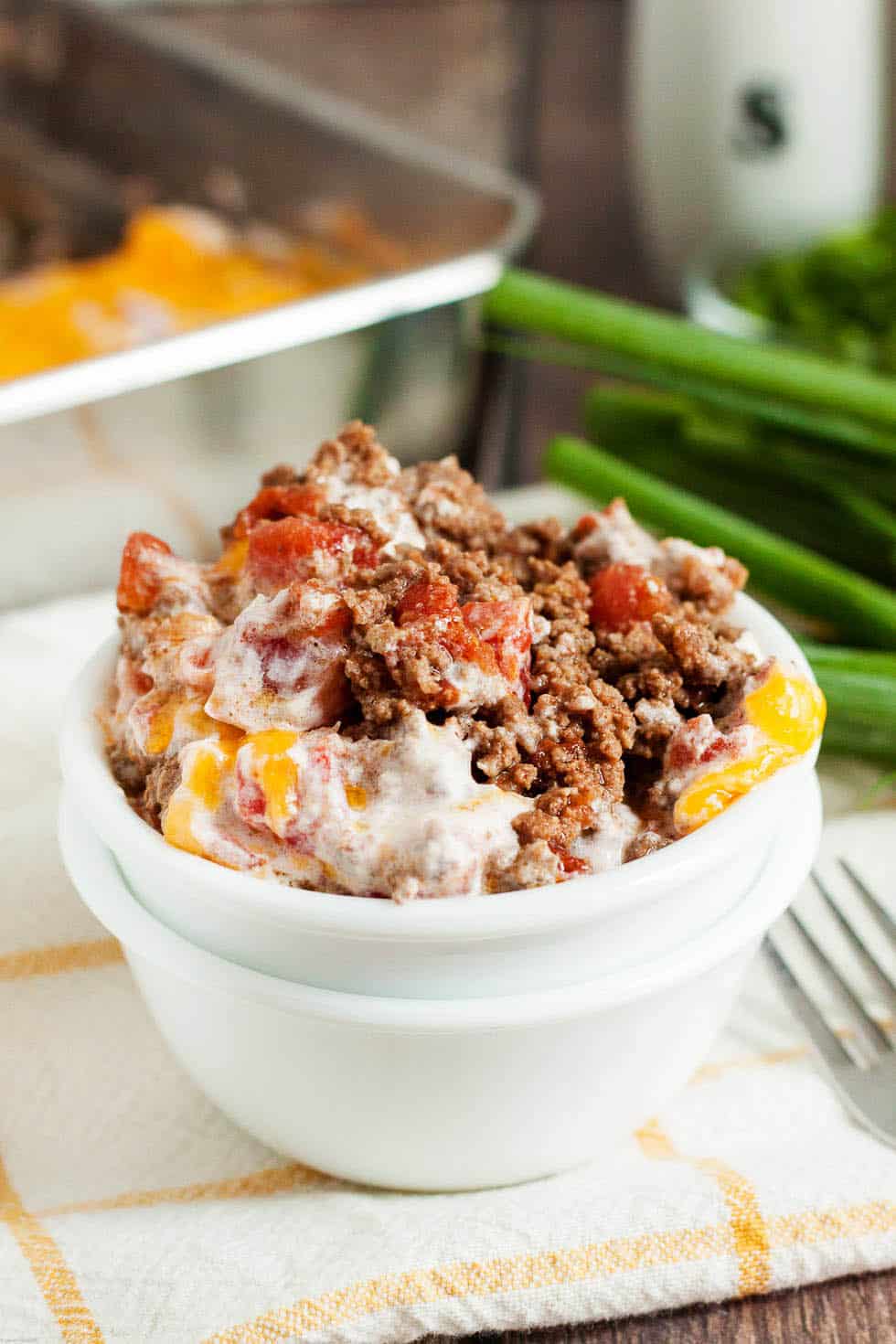 keto ground beef casserole with tomato served in bowl