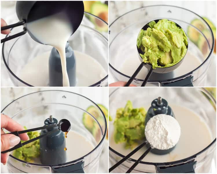 mixing bowl with almond milk and avocado