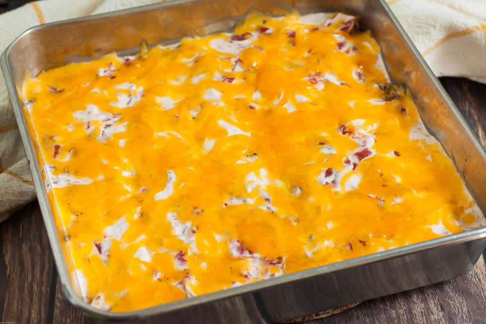 finished keto gourd beef casserole in dish topped with cheese