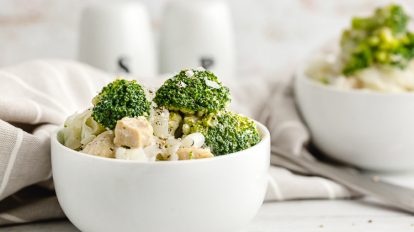 keto chicken broccoli alfredo with noodles in serving bowl