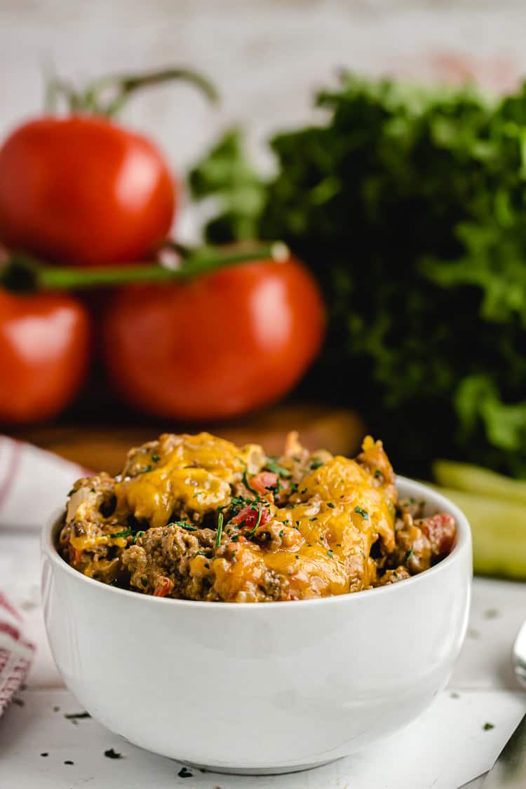 keto cheeseburger casserole in a serving bowl