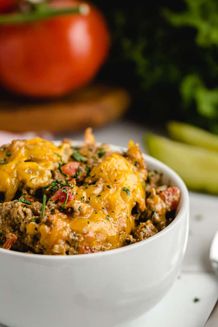 keto cheeseburger casserole in serving bowl