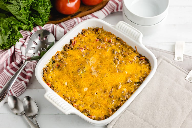 low carb cheeseburger in casserole dish