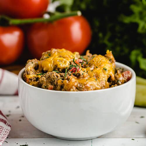 keto ground beef cheeseburger casserole in serving dish