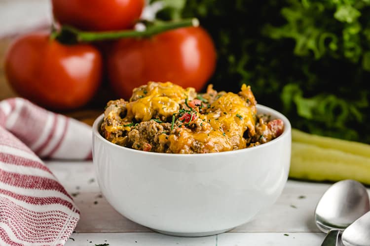 keto ground beef cheeseburger casserole in serving dish