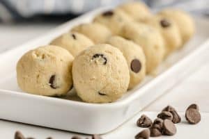 keto chocolate chip cookie dough fat bomb balls on serving dish