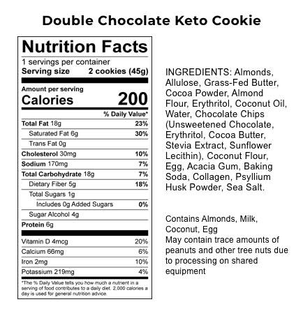keto chocolate cookies nutrition label