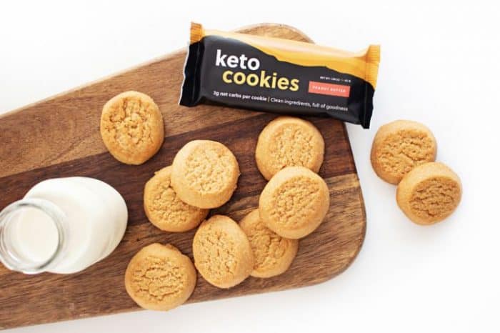 overhead view of peanut butter perfect keto cookies on a wooden platter