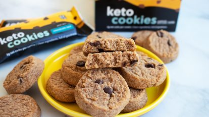 closeup of perfect keto chocolate chip cookies on a yellow plate for perfect keto cookies review