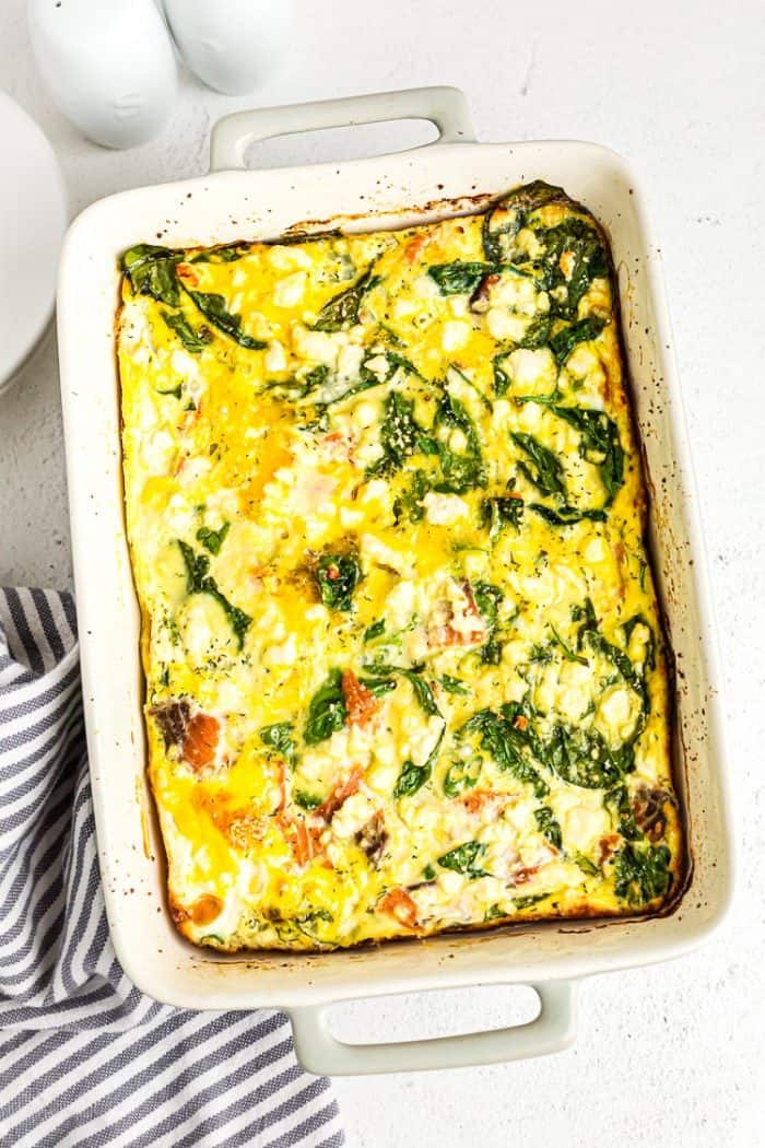 overhead view of keto smoked salmon casserole fully baked in a dish