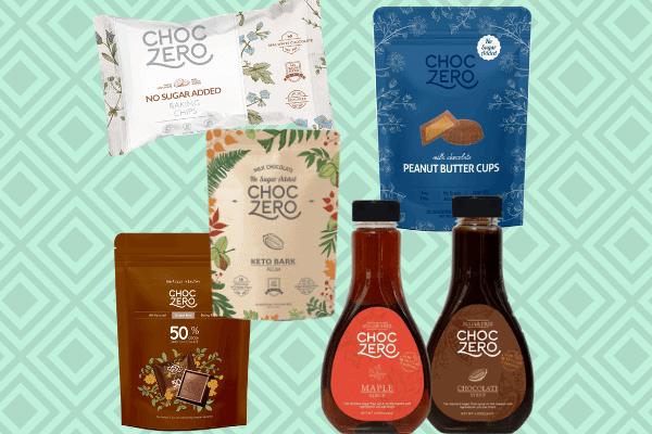 collage of choczero products on a green background