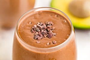 top of keto chocolate smoothie in a clear small glass