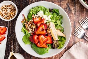 overhead view of fully combined keto strawberry chicken salad on a plate