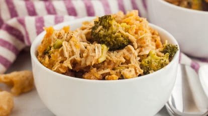 a small white dish featuring keto buttered chicken casserole serving