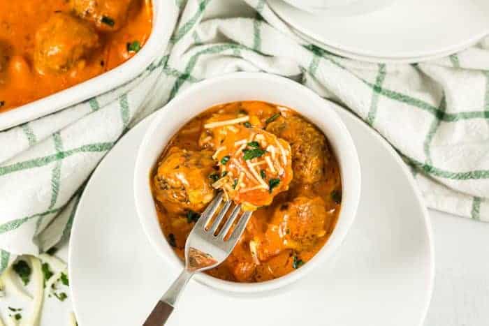 overhead view of keto italian meatball casserole in a small serving bowl