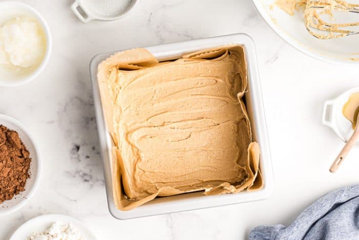 pan containing unfrozen keto peanut butter heaven