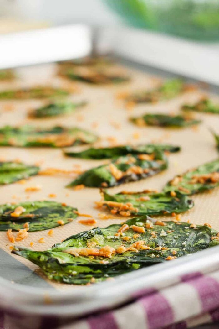 baked spinach chips on sheet pan