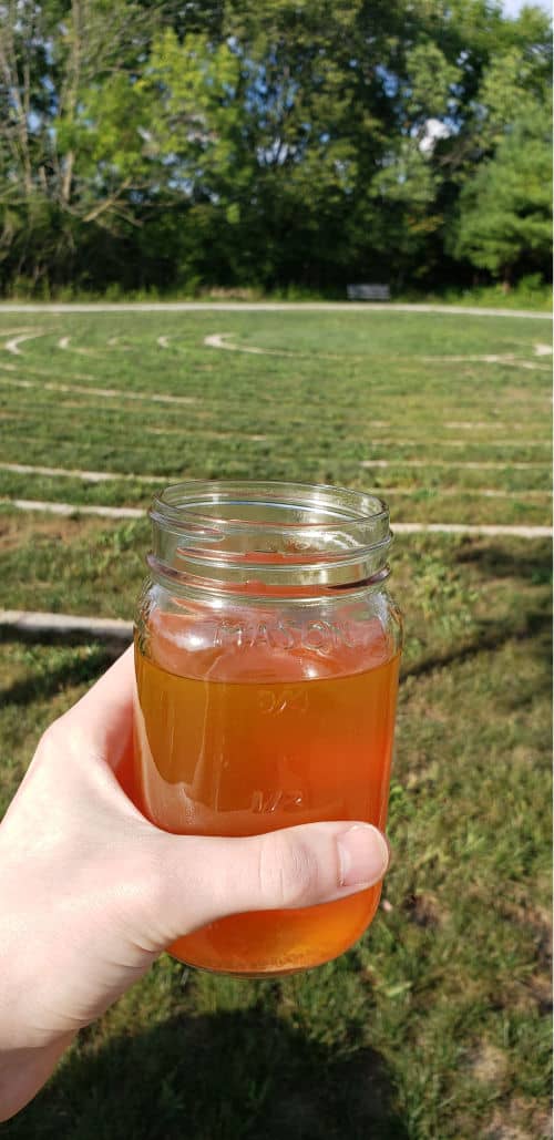 hand holding up glass of key nutrients keto electrolytes in front of park