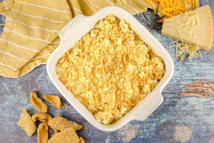 low carb mac and cheese in a casserole dish before baking