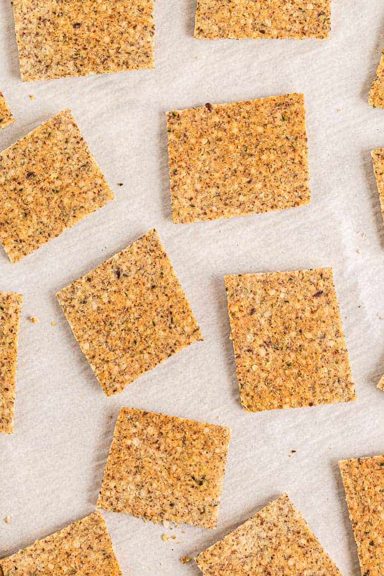 overhead view of keto crackers on wax paper