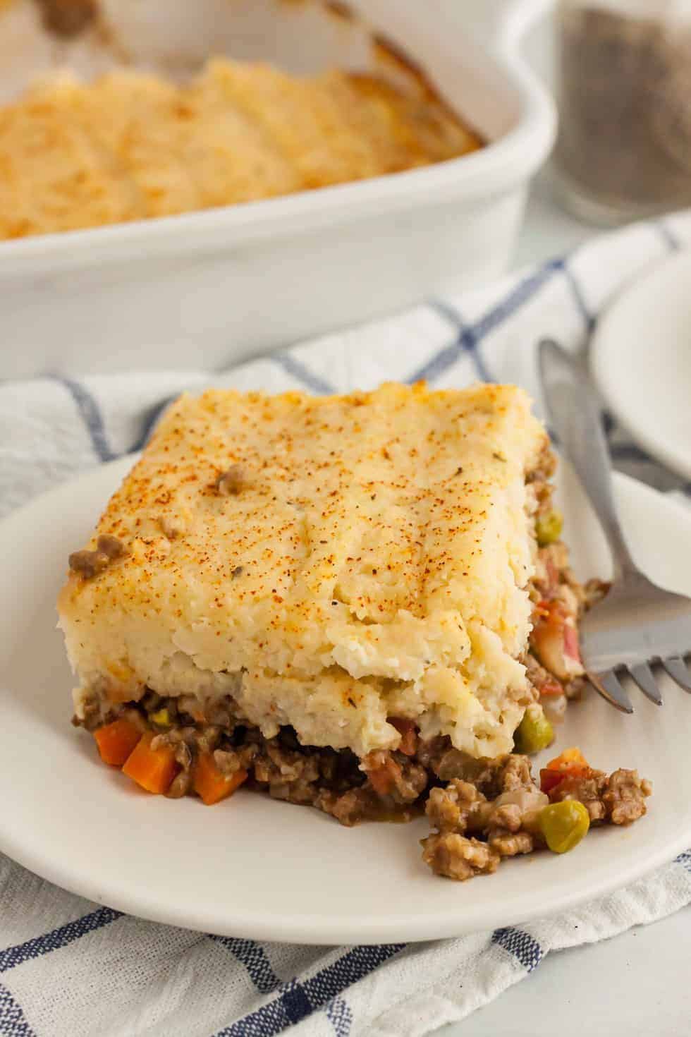 piece of keto shepherd's pie on a white plate