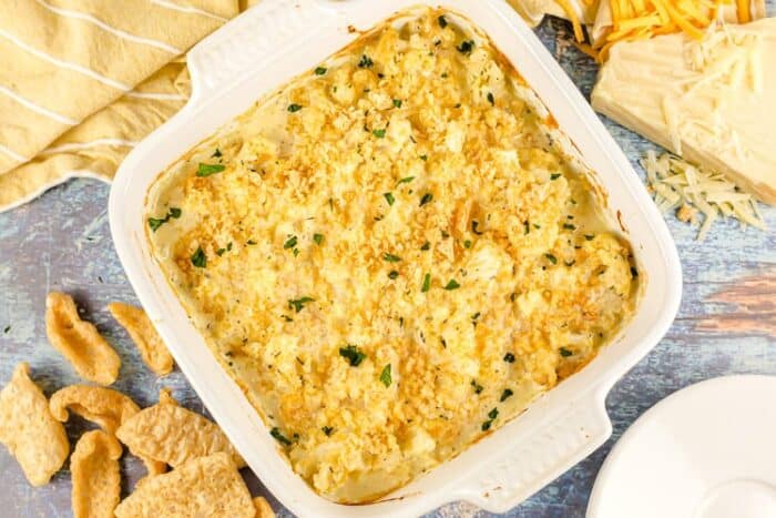 keto cauliflower mac and cheese in a casserole dish after baking