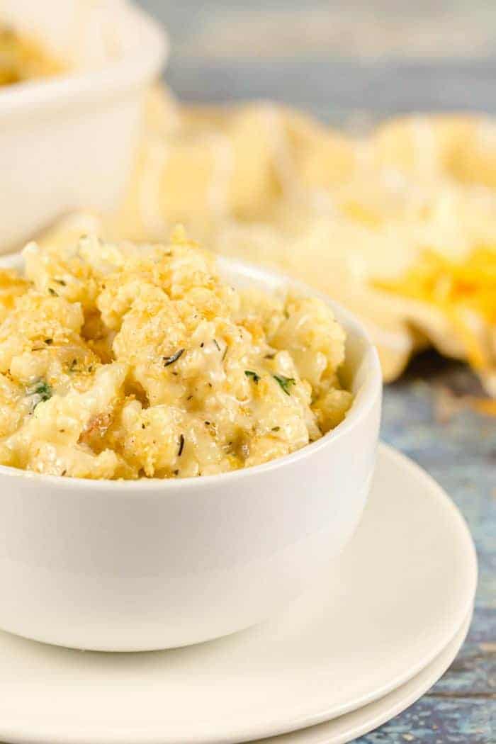 white bowl with a serving of keto mac and cheese