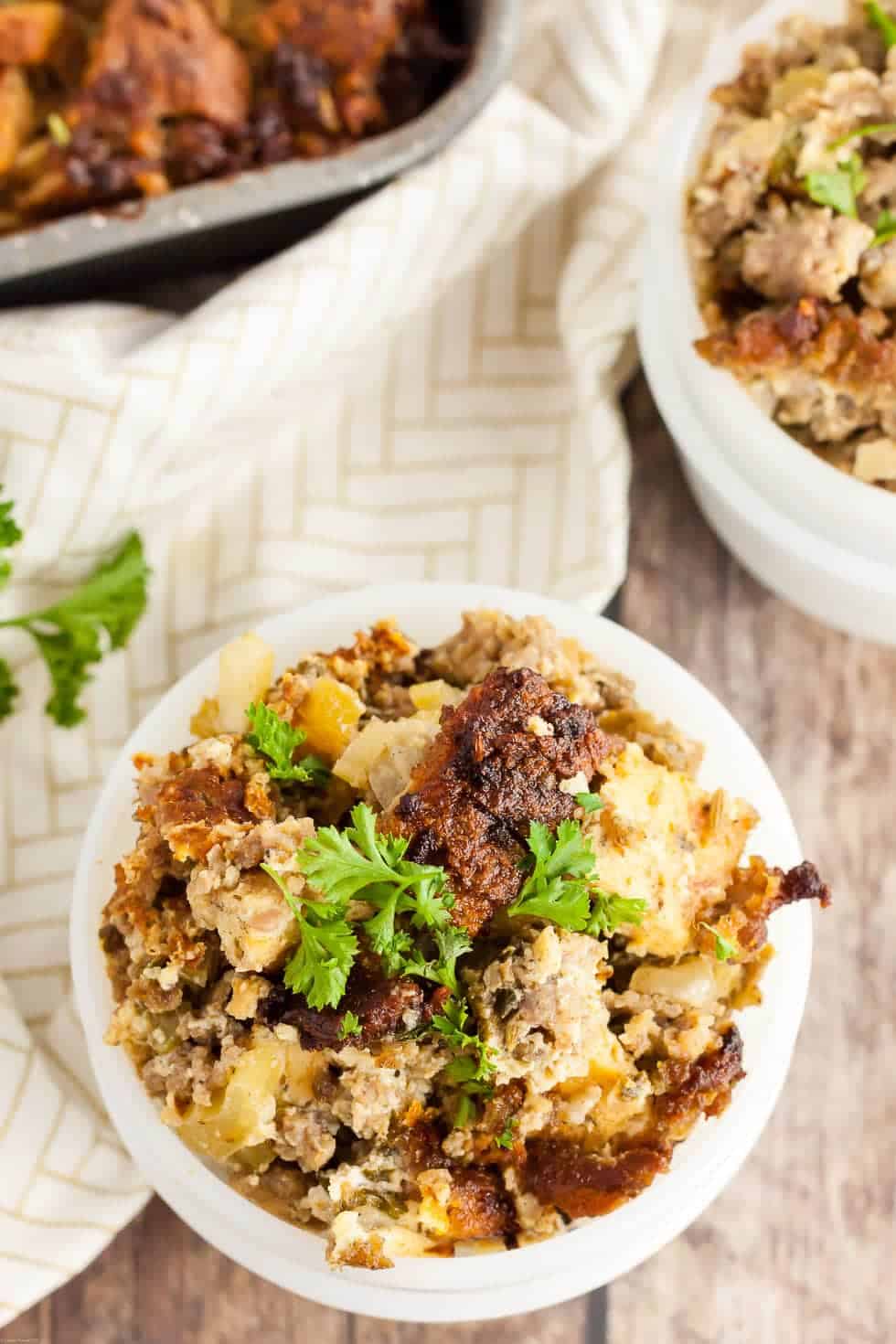 overhead view of keto stuffing in small white bowls