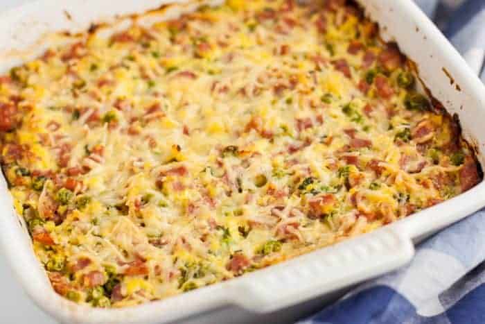 baked keto ham casserole in a white casserole dish