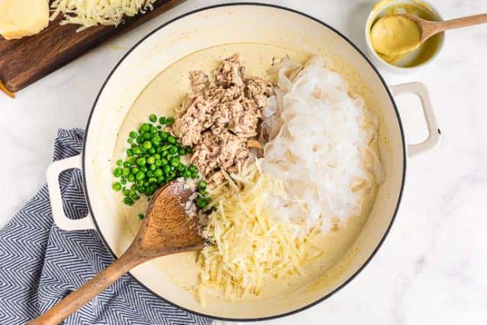 skillet containing tuna, noodles, and peas