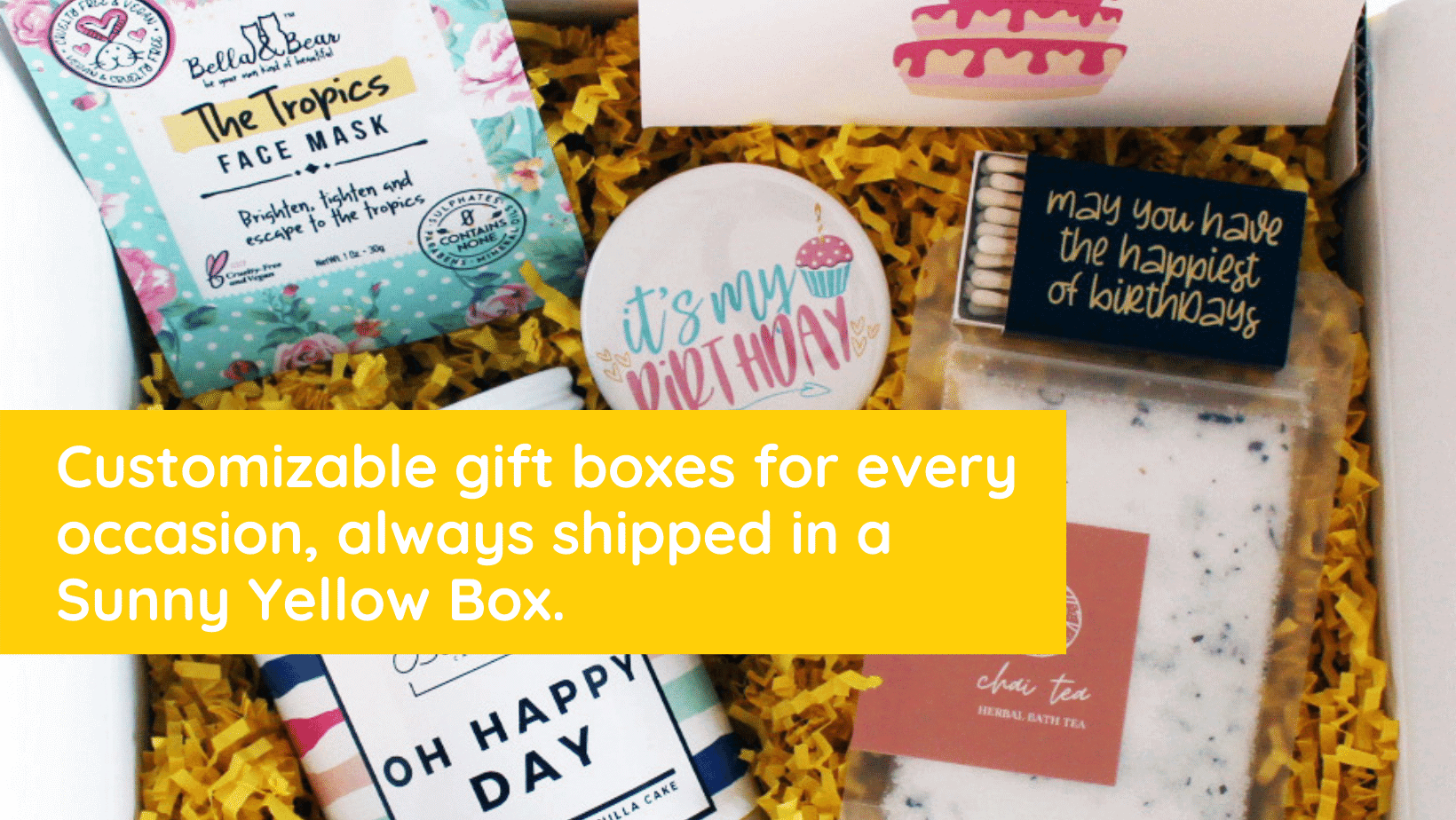 gift box with overlay describing sunny yellow box and items behind