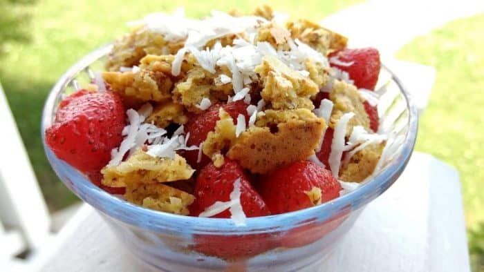 small bowl of keto strawberry crisp pieces with strawberries and coconut flakes