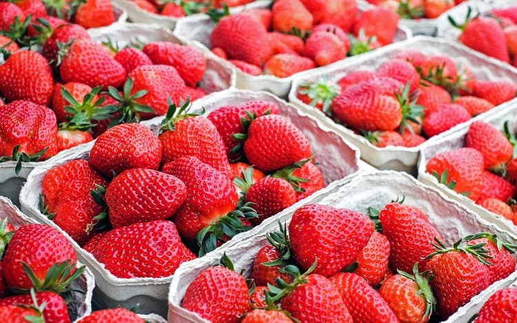 baskets of fresh strawberries laid out on a table